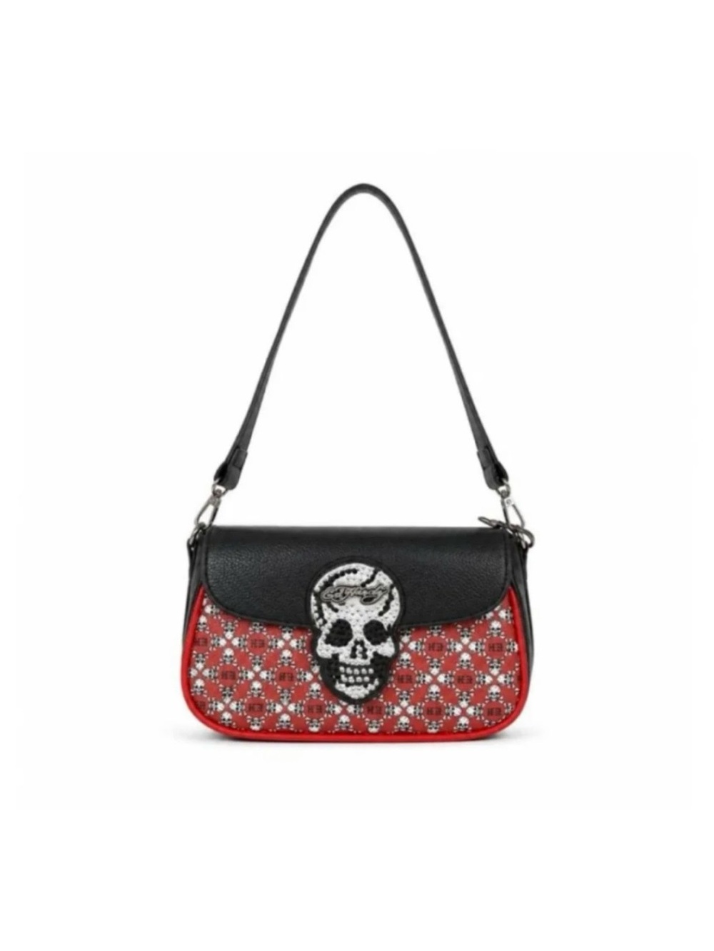 Ed Hardy Black and Red Skull-Accent Shoulder Bag Y2K